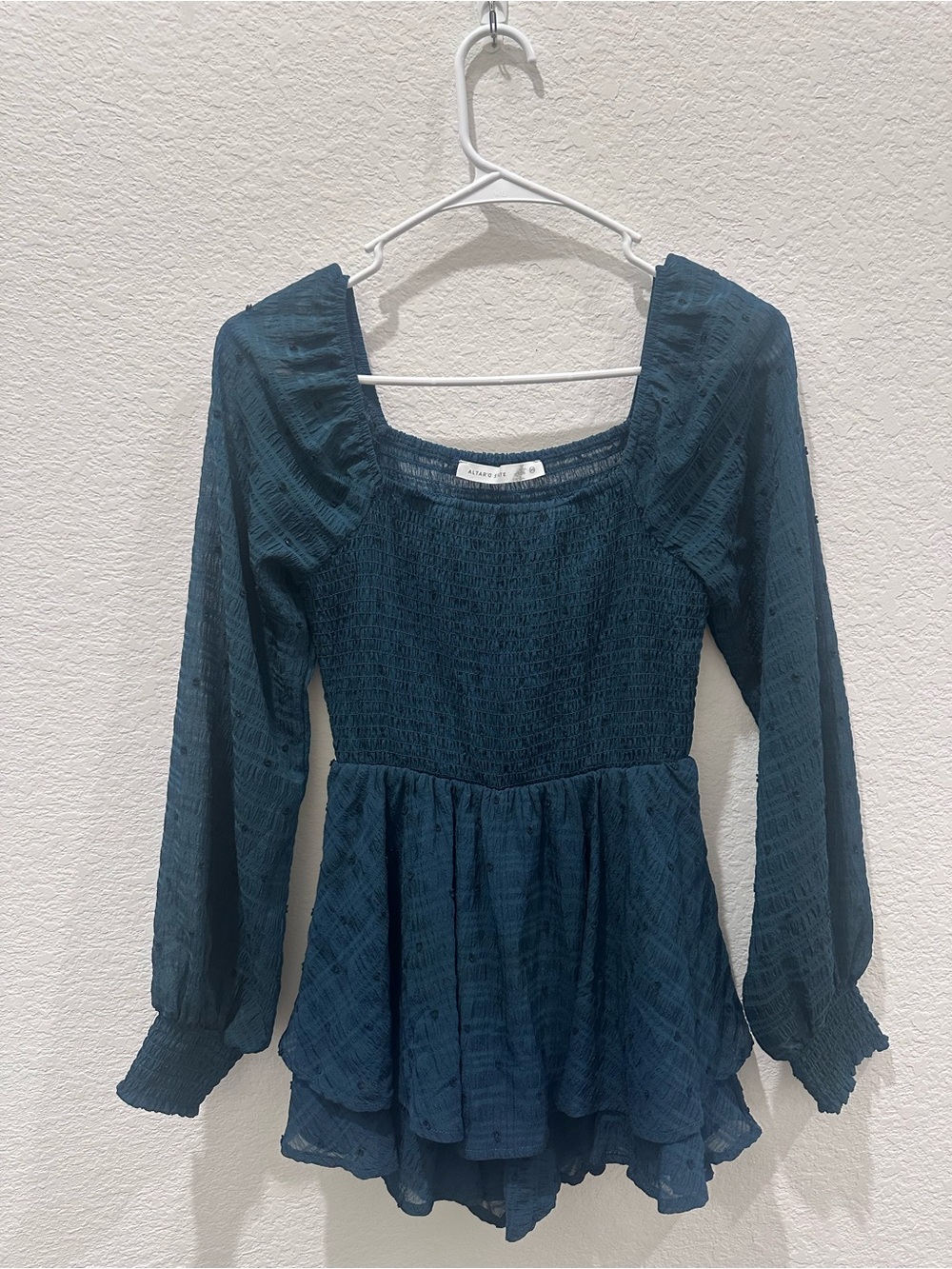 Altar'd State Teal Long-Sleeve Smocked Peplum Romper